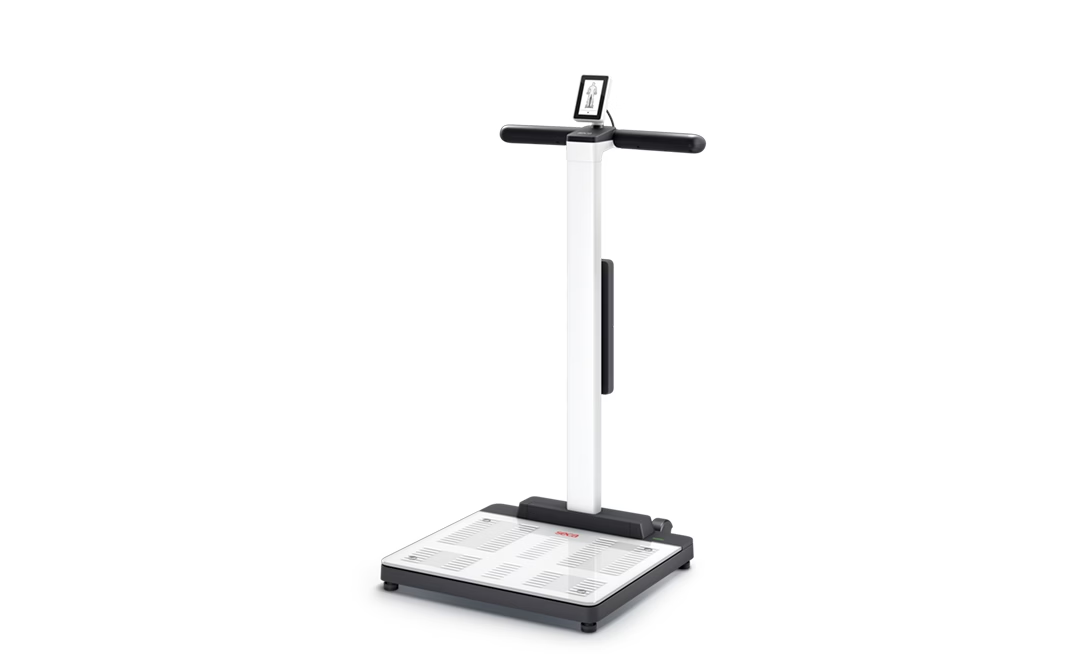 The complete seca mBCA Alpha body composition analyzer unit with platform, column, and handle electrodes