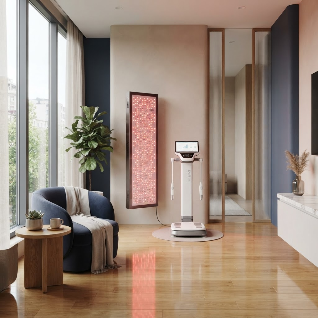 Bright wellness clinic room with a wall-mounted red light panel and a body composition scanner